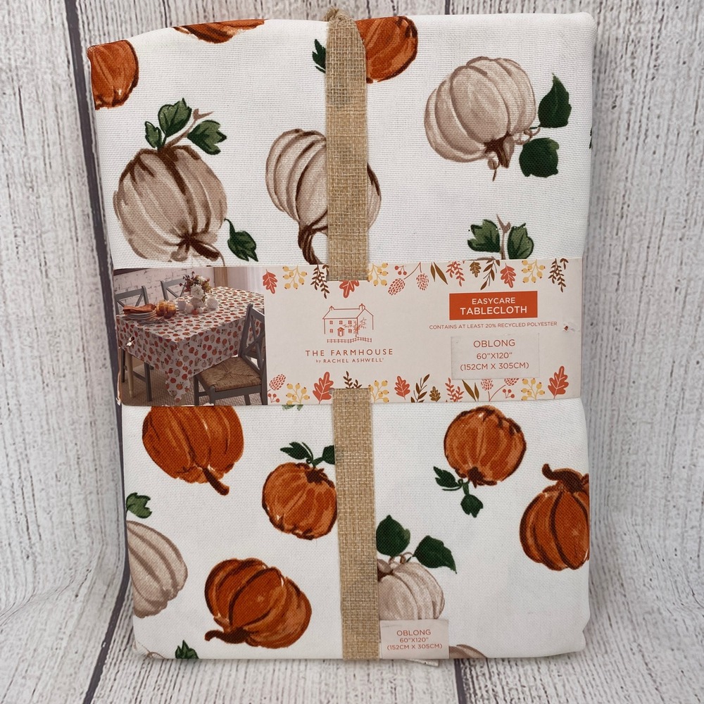 Rachel Ashwell Tablecloth 60x120 White Orange Pumpkin Farmhouse Fall Autumn